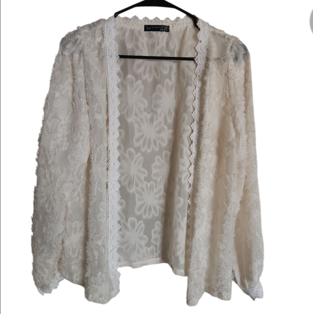 DAZY Women's Cream Cardigan Top Lace Sheer Button Size XL